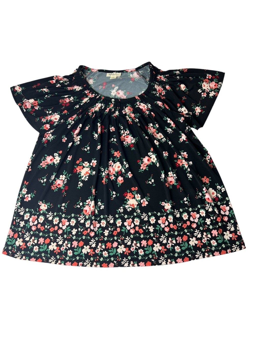 Style & Co Women’s 1X Pink/Red Floral Flutter Sleeve Flowy Shirt Black Blouse